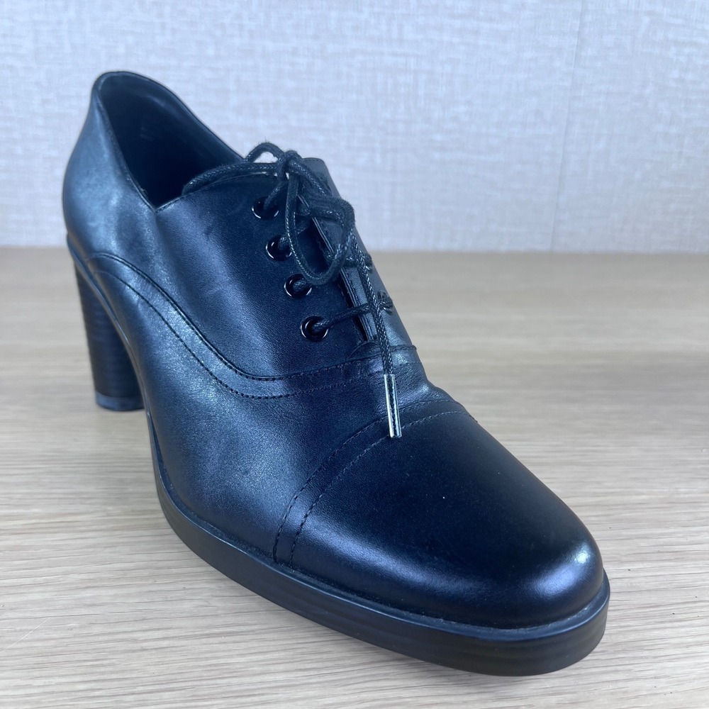 Apostrophe Womens Black Leather Cap Toe Oxford Lace Up Block Heels Size 6.5M